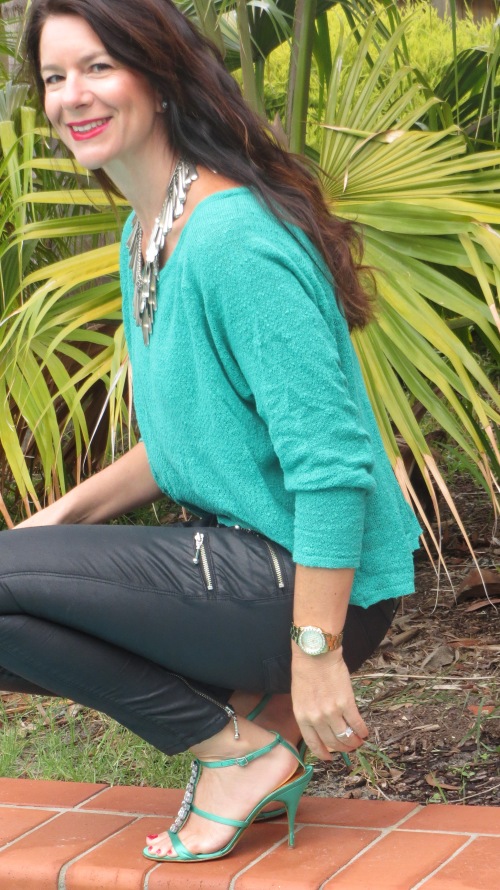 Emerald green jumper, leather jeans 3