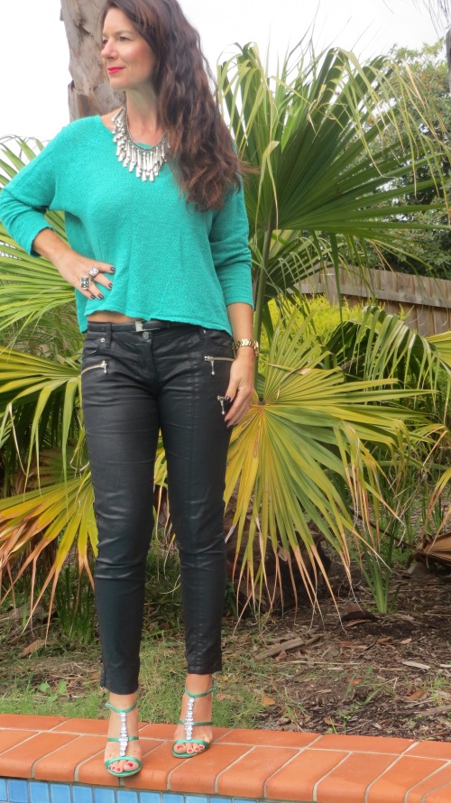 Emerald green jumper, leather jeans 5